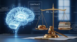 A symbolic image of a glowing AI brain made of circuit lines facing a scale of justice, representing the balance between innovation and law. Behind the AI, faint legal documents and copyright symbols are visible. The overall tone conveys “AI meets law” with professionalism and gravity. Style: cinematic realism, cool blue and gold palette, elegant corporate tone.