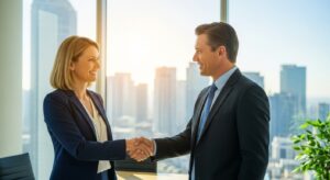 ビジネス街のオフィスで握手を交わす男女。笑顔で信頼的な雰囲気。背景に自然光が差し込み、「丁寧な言葉が信頼を生む」ことを象徴。フォトリアル、明るいトーン、