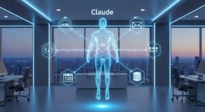 未来的なオフィス背景。中央に透明なAIホログラム（Claude）が浮かび、 その周囲に「API」「メール送信」「スケジュール」「データベース」などのアイコンが光のラインで繋がっている。 Claudeがタスクを自律的に処理している様子をビジュアル化。 キーワード: フォトリアル, AIネットワーク, API連携, データフロー, 青い発光, 自動化, クリーンテックデザイン。