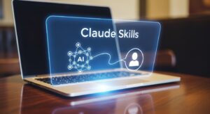 ホログラム上に「Claude Skills」と書かれたUI画面が浮かび、 その中でAIのアイコンと人のシルエットが線で繋がっている。 背景にはノートPCとカフェテーブル、光が柔らかく反射する。 キーワード: Claude Skills interface, AI customization, personal assistant, photoreal, gentle blue light, creativity, connection.