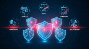 A layered infographic-style scene showing five holographic shields, each cracked or glowing red in part. Around them are icons symbolizing data leak, AI bias, compliance, hacking, and hallucination. Style: semi-realistic cyber-security illustration, cool blue with red warning highlights.