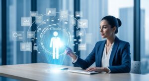 A professional businessperson sitting at a sleek modern desk, interacting with a glowing AI assistant (holographic interface) labeled “Claude.” Floating text bubbles and digital documents surround them, symbolizing smart communication and productivity. Style: clean, photorealistic, blue-white lighting, corporate tone, calm and inspiring.
