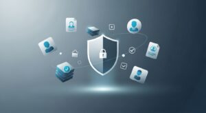 A shield icon protecting floating data files and user profiles, representing security and compliance. Style: minimal illustration, cool tones with a professional feel.