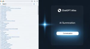 A side-by-side comparison of two digital interfaces: On the left, a traditional Google-style search page displaying a long list of blue links. On the right, an AI conversation interface (ChatGPT Atlas) generating a single clean, summarized answer glowing in blue-white tones. Between them, a bright line of light symbolizing the evolution from “search” to “conversation.” Style: cinematic infographic, blue-gray palette, futuristic UI clarity.