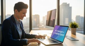 朝日が差し込むデジタルオフィス。 ノートPCの画面には「AI × 人間 = 創造的な未来」と表示。 手前には安堵の笑みを浮かべるビジネスパーソン。 希望・温かさ・前向きな雰囲気のラストシーン。