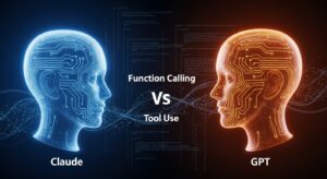 左右に2つのAIが対峙する構図。 左：Claude（青い光）—冷静で知的、安定感のあるデザイン。 右：GPT（オレンジの光）—動的でエネルギッシュ。 中央に「Function Calling」対「Tool Use」のテキストが浮かび、背景にはコードとデータの流れが交錯。 キーワード: フォトリアル, AI比較, 光の対比, テクノロジー対決, 透明ホログラム, 先端感。