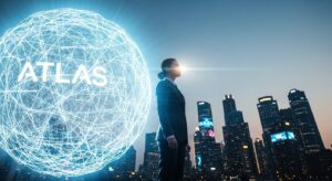 A confident businessperson standing beside a glowing “Atlas” AI sphere that illuminates a futuristic city skyline — symbolizing digital transformation. Style: cinematic, hopeful, bright blue-white light and dynamic composition.