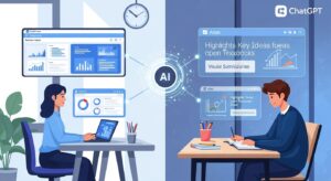 Split-scene illustration showing two environments: Left — an office professional using ChatGPT Atlas to generate a data-driven business report with charts and summarized insights. Right — a student studying at a desk while Atlas highlights key ideas from open textbooks and displays visual summaries. The center features a glowing AI interface connecting both worlds. Style: realistic, bright lighting, blue-white futuristic glow, productivity-oriented tone.