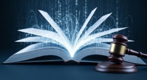 An open law book merged with binary code and glowing data streams flowing out of its pages. A gavel rests beside the book, symbolizing legal interpretation in the age of AI. Style: macro photography feel, dark navy and white contrast, conceptual legal tech art.