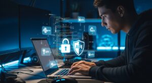 A developer working on a laptop, holographic code and API key icons hovering in the air. A digital lock and shield overlay the screen, symbolizing secure API integration. Style: realistic tech workspace, dark background with neon blue highlights.