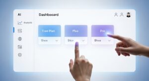 A modern digital dashboard interface displaying pricing tiers like “Free Plan,” “Plus,” and “Pro,” alongside icons for AI tools (data analysis, web browsing, automation). A user is selecting a plan while glowing holographic price cards float in front of them. Style: clean tech-style UI mockup, white background with blue accent light, minimalist futuristic design.