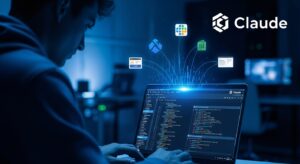 デスク上にノートPCを開く開発者。 画面にはコード（JSONスキーマ、APIリクエスト例）とClaudeのロゴ。 背景には光のデータラインが外部ツール（Slack, Google Sheets, CRM）へ伸びている。 「実装」「エンジニアリング」「AI統合」を象徴する構図。 キーワード: フォトリアル, API開発, プログラマー, コーディング, 青い発光, テックスタジオ。