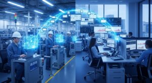 Two contrasting corporate environments side-by-side: On the left, engineers in a secure factory setting; on the right, financial analysts in a compliance-driven office. Both connected by a unified Claude AI network glowing between them. Style: professional photorealism, dual-tone lighting (blue-silver).