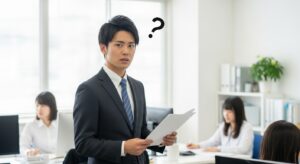 明るいオフィスで、若手ビジネスパーソンが上司に話しかけようか迷っている瞬間。手には資料、少し緊張した表情。背景には仕事に集中する同僚たち。報連相への苦手意識と挑戦を象徴するリアルなシーン。フォトリアル、自然光、清潔感のある現代日本のオフィス。