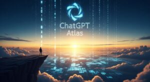 A person standing before a vast glowing digital landscape where streams of light converge into the horizon forming the “ChatGPT Atlas” logo in the sky. The atmosphere evokes dawn — a metaphor for the new era of information discovery. Style: cinematic, inspirational, gradient lighting from blue to gold, hopeful and visionary tone.