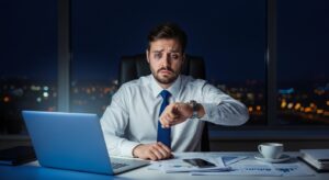 夜のデスクで疲れた表情のビジネスパーソン。 ノートPCやスマホ、散らかった資料の中で時計を気にしている。 青白い光に照らされ、疲労感と焦燥をリアルに表現。 奥には街の夜景がぼんやり光る。フォトリアル。