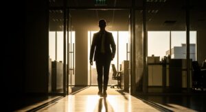オフィスの出口へ歩き出すスーツ姿の人物。背中越しに差し込む朝日。前を向いて歩く姿が「新しい始まり」を象徴。過去を引きずらず、前向きな一歩を踏み出す雰囲気。