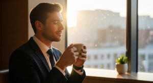朝の柔らかい光が差し込む窓際で、コーヒーを手に深呼吸するビジネスパーソン。