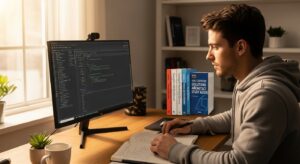 プログラミング画面を開きながらオンライン学習をしているエンジニア。 背景にノートと資格テキスト(AWS、GCPなど)。 「自己投資」「スキルアップ」を象徴する明るい雰囲気。 朝の自然光が差し込むデスク、集中した表情、