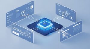 未来的なAIコアが中心で、光のラインがCRM、クラウド、チャット、カレンダーなどの外部ツールと接続されている。AIが世界と繋がるネットワークを象徴するビジュアル。青と白を基調に透明感のあるインターフェースデザイン。テーマは「AIがツールと融合し、可能性を拡張する」。フォトリアル、16:9、プロフェッショナル。