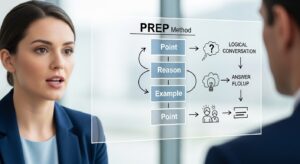 面接のワンシーンで、候補者が明確に話す様子をクローズアップ。背後にPREP法（Point, Reason, Example, Point）の図解や、ロジカルな会話フローのビジュアルが浮かぶ。透明感のあるホワイトボード風デザイン。爽やかで信頼感のある雰囲気。フォトリアル、