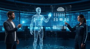 2人のエンジニアがホログラムのAIモデルとクラウドサーバーの図を指差しながら議論している。空間にはデータの流れと光る回路模様。AIとクラウドが融合する未来を表現。フォトリアル＋未来的CGエフェクト、