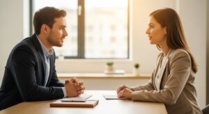 二人のビジネスパーソンが会話をしているシーン。お互いが目を見て、穏やかに話を聞く姿勢。机の上にメモとペン。相手を尊重する誠実なコミュニケーションを象徴。柔らかい光、フォトリアル、