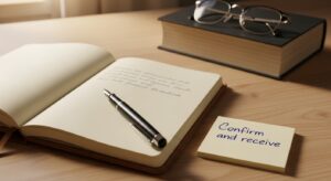 明るい木目のデスクに開かれたノートと万年筆。「査収」という漢字が大きく手書きで書かれ、その横に小さく意味のメモ（「確認して受け取る」など）。背景には辞書や眼鏡。静かで知的な雰囲気。フォトリアル、暖かい自然光、