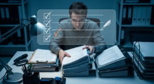 書類を完璧に整えようとする人物と、背景にチェックリストが浮かび「すべてに✔を入れようとする」構図。真面目で几帳面な印象。冷たい蛍光灯のオフィス照明が、緊張感を象徴。フォトリアル、やや上から俯瞰視点、