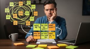 デスクに散らばるメモと矢印が行き先を失って螺旋状に渦巻くイメージ。中央の人物は困惑した表情で「誰に/何を/どうしてほしい?」の付箋を見つめる。混乱と迷走を象徴。フォトリアル+軽いグラフィック