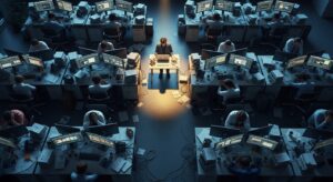 職場を俯瞰した視点。明るいデスクと暗いデスクが混在し、チームの中で浮かび上がる一人の社員。背景には資料やPC、疲れた表情の人々。 「不公平な評価」「停滞」「マネジメント不在」を象徴する混沌と秩序の対比。 フォトリアル、16:9、冷たい光。