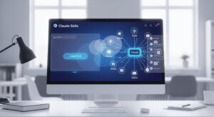 明るいオフィス背景。PCモニターに「Claude Skills」のダッシュボード風インターフェース。 左側に「+Add Skill」ボタン、右側にAPI接続図(Slack・Notion・Gmailなどへの矢印)。 テクノロジー感・透明感・インタラクティブUI風デザイン。