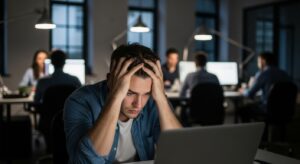 デスクで一人悩む若手社員。PC画面を見つめ、手で頭を押さえる姿。背景には周囲が忙しく働く様子。報告をためらう心理を象徴。光はやや暗めで、緊張と葛藤を感じさせるリアルなトーン。