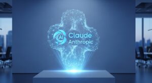 モダンな企業オフィスの壁面に「Claude」と「Anthropic」のロゴが浮かぶホログラム。 AIモデルの内部構造（ニューラルネットや光のパターン）を表現し、 科学的かつ信頼感のあるトーンで。 キーワード: 透明感, 信頼性, テクノロジー, フォトリアル, ブルーグラデーション。