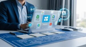 モダンなデスクに座るビジネスパーソンが、ノートPCの画面でZapierやGoogle Sheets、Slackなどのアイコンを見ながら構想を練っている。 机の上にはメモや設計図（ワークフローチャート）があり、背景にはAIのホログラム（Claudeのロゴ）が浮かぶ。 「準備」「整理」「戦略的思考」を感じさせるシーン。 キーワード: フォトリアル, 青×白の配色, ノーコード開発, 設計図, AI, デジタル光エフェクト。