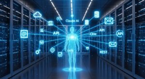 AIのホログラム（Claude）が複数のAPIアイコン（クラウド、データベース、メール、CRMなど）と光のラインで繋がっている。 背景は近未来的なサーバールームやデータセンター。 Claudeが外部ツールを自律的に操作している様子を象徴する構図。 キーワード: フォトリアル, API連携, データネットワーク, Claude AI, 青い光, 自動化, AIアーキテクチャ。