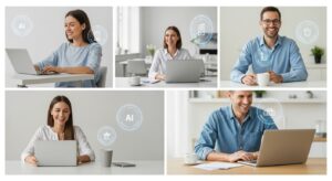 5つの小シーンをコラージュ的に配置： ①タスク管理　②メール作成　③旅行計画　④学習サポート　⑤アイデア相談。 各シーンにAIホログラムが共通キャラクターとして登場。 キーワード: productivity, personal assistant, AI daily life, lifestyle automation, photoreal, clean minimal design, bright natural color.