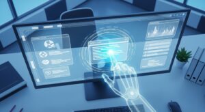 近未来のデジタルデスクトップを俯瞰した構図。 透明なAIホログラムの手が、モニター上のアプリケーションを操作している。 画面にはウィンドウ、ボタン、テキストフィールドなどが光で浮かび、 AIが「見る」「理解する」「操作する」瞬間を表現。 背景はブルーとホワイトを基調にした未来的なオフィス空間。 キーワード: Gemini 2.5, Computer Use model, AI操作, futuristic workspace, holographic hands, digital interface, photoreal lighting.