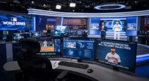 ワールドシリーズ中継スタジオの風景。 ディレクター席の大型モニターに、AIが生成する映像ハイライトや予測データが並ぶ。 画面には「AIが自動生成した打球の予測軌道」や「選手視点映像」が表示されている。 背景にはアナウンサーとAIホログラムが共演するような演出。 キーワード: Gemini 2.5, sports broadcast innovation, real-time AI analytics, MLB broadcast, futuristic newsroom, photoreal studio lighting, data overlay.