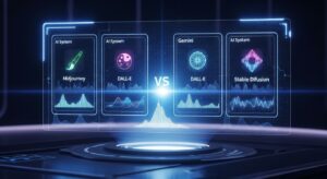 4つのAI（Gemini, Midjourney, DALL-E, Stable Diffusion）が 並ぶホログラムパネル。 各AIの特徴がアイコンや波形で可視化され、中央に「Gemini」が光り輝く。 キーワード: AI comparison dashboard, holographic panels, glowing icons, Gemini vs competitors, photoreal digital interface.