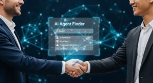 Google CloudのAIネットワーク上で、企業とAI開発パートナーが握手するシーン。 背景にホログラフィックで「AI Agent Finder」のUIと検索結果が浮かぶ。 キーワード: AI partner network, handshake between business and developer, holographic search UI, glowing digital network, photoreal corporate collaboration.