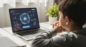 子どもがノートPCやタブレットを前に、AIからヒントをもらいながら問題を解く様子。 画面には数式や質問が浮かび、AIが対話形式で導いている。 柔らかい日差しの差し込む学習デスクで、思考している表情。 キーワード: AI tutor guiding child, Socratic learning style, interactive tablet screen, sunlight study desk, thoughtful child expression, photoreal.