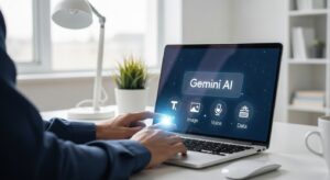 A modern workspace where a small business owner interacts with Gemini AI on a sleek laptop screen. The screen shows glowing icons for text, image, voice, and data — representing a multimodal AI assistant. The atmosphere feels innovative and approachable, with natural lighting and soft focus on technology. Style: photoreal, clean Google aesthetic, white and blue tones, modern minimalism.