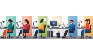 5人の異なる性格の人物がオフィスに描かれている。 管理的な上司、感情的な人、批判的な同僚、皮肉を言う人、噂好きな社員。 各々が少し距離を取りながら仕事をしている。