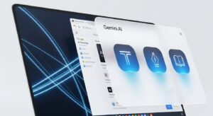 A modern laptop screen showing Google Chrome open with a floating Gemini AI assistant panel on the side. The interface displays glowing AI icons for summarization, translation, and writing assistance. The background shows digital light trails symbolizing fast information flow and AI integration. Style: photoreal, bright, futuristic, Google Material Design aesthetic, white-blue gradient lighting.