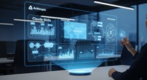 A sleek futuristic AI interface labeled “Claude Skills” projected above a desk with glowing holographic elements showing APIs, data charts, and workflow connections. A person interacts with the AI through voice and gesture, symbolizing automation and integration. Style: photorealistic, Anthropic design aesthetic, cool blue and white tones, minimalistic tech office background.