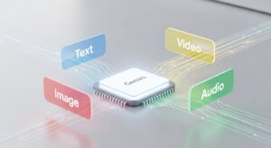 A futuristic API interface with holographic data streams labeled “Text,” “Image,” “Video,” and “Audio” converging into one AI processor chip labeled “Gemini.” Bright Google-inspired color accents (blue, red, yellow, green). Style: photorealistic, minimalist UI/UX visualization, clean white and silver palette.