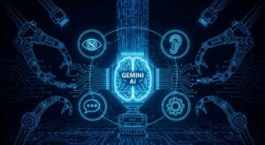 A glowing digital brain (representing Gemini AI) connected to robotic arms, sensors, and cameras via luminous data streams. Icons for “vision,” “hearing,” “language,” and “motion” surround the brain, symbolizing multimodal AI. Style: conceptual tech illustration, blue neon lines, high contrast on dark background.