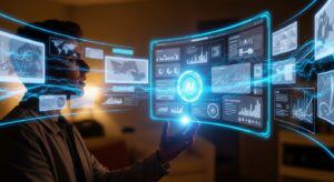 A person speaking to an AI hologram that displays summarized web content, charts, and recommendations in mid-air. The background shows multiple websites merging into a single intelligent interface. Style: cinematic, mixed reality atmosphere, warm lighting with neon blue accents.