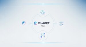 A clean digital dashboard with the “ChatGPT Atlas” logo at the center, surrounded by glowing icons representing security, productivity, and data integration. Style: minimal tech infographic, white background with blue gradients, subtle holographic glow.